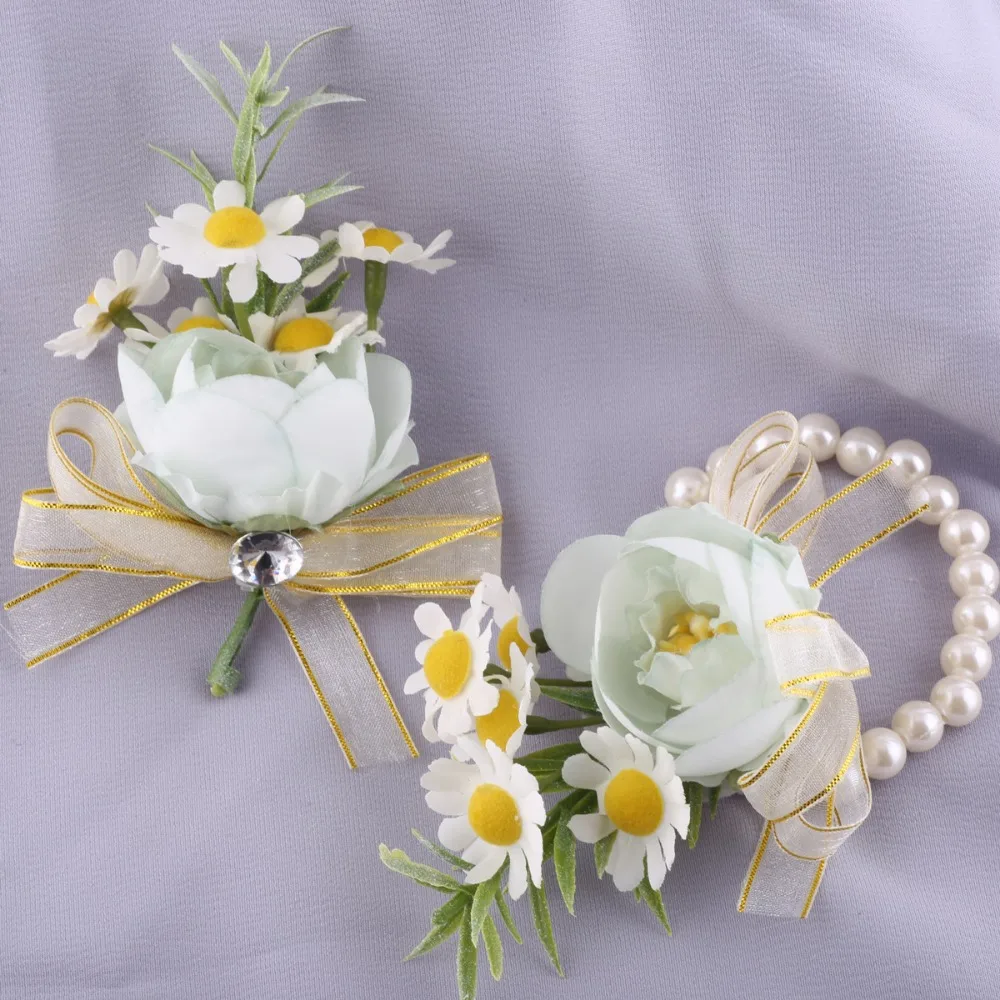 Artificial White Silk Rose Wedding Boutonniere for Men Daisies Pearls Ribbon Bow Bridesmaid Corsage Pins Marriage Accessories