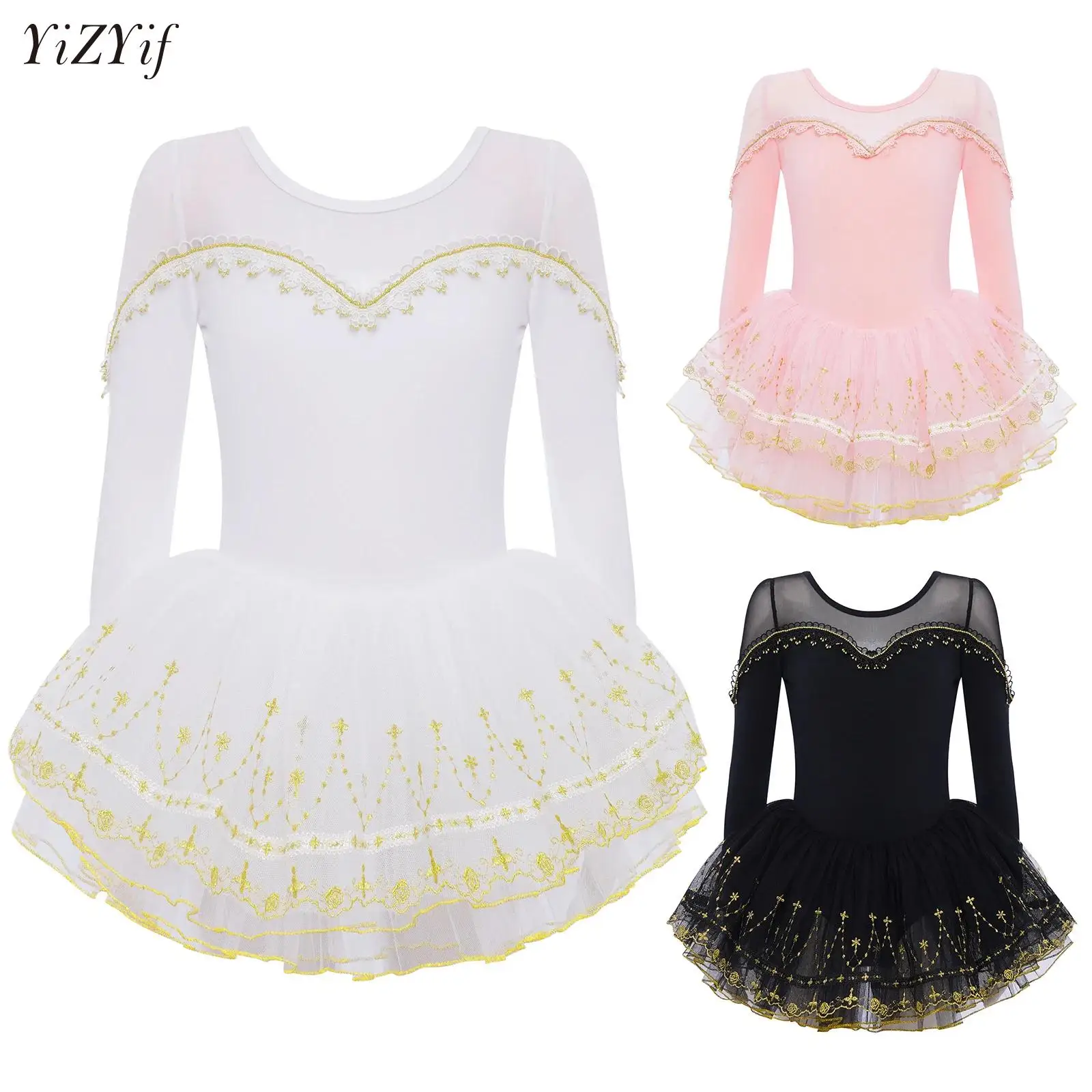 

Kids Ballet Tutu Dress Girls Swan Performance Outfit Long Sleeve Sheer Mesh Lace Trim Princess Layered Tutu Dance Dress Costume