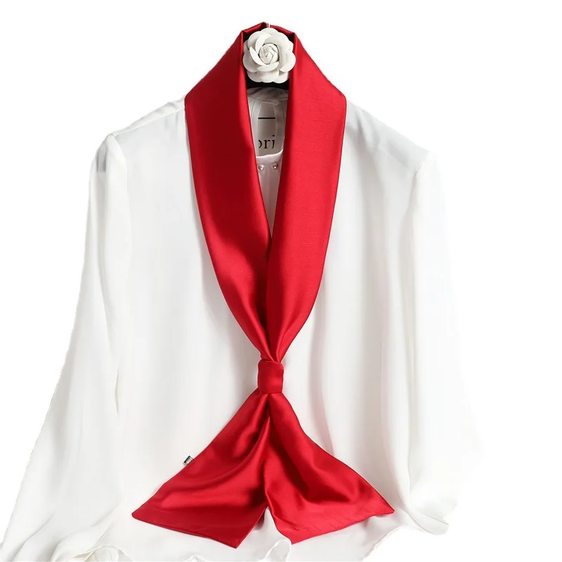 Solid color doublelayer simulation silk thin narrow scarf 145cm long decorative scarf for women suit shirt versatile small scarf