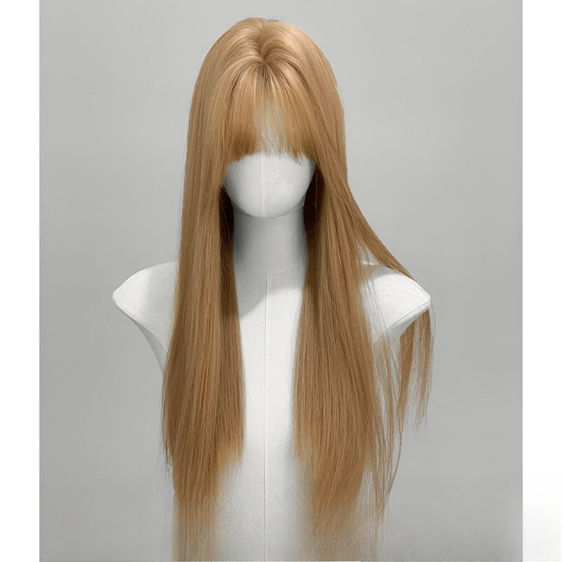 شعر مستعار نسائي طويل الشعر، حليب، شاي ذهبي، شعر مستقيم، محاكاة عصرية يومية، غطاء رأس كامل واقعي ولطيف