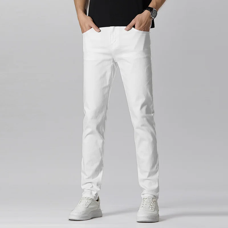 

2025 Summer Men's Slim Fit Straight Stretch Skinny Denim Jeans Casual Soft Vintage White Black Cotton Washed Breathable Pants