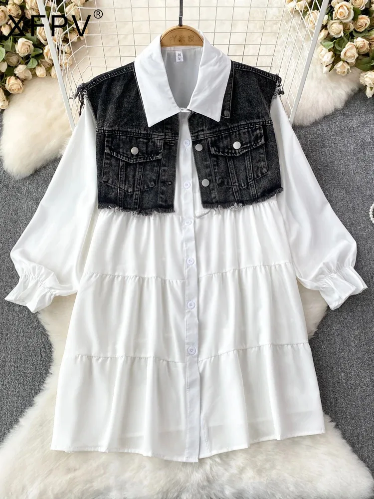 

BabYoung Women Long Sleeved Loose Single Breasted A-Line Shirt Two-Piece Denim Vest Jacket Korean Fashion Spring Autumn 2023