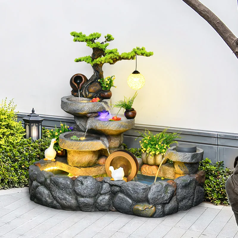 Fountain circulation water lucky feng shui wheel fish pond tank landscaping view rockery