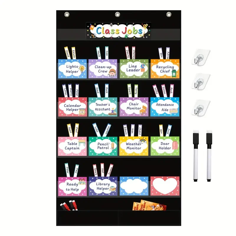 Class Jobs Pocket Chart Class Management Educational Pocket Chart with 70 Colorful Dry Erase Cards and 3 Hooks For Students