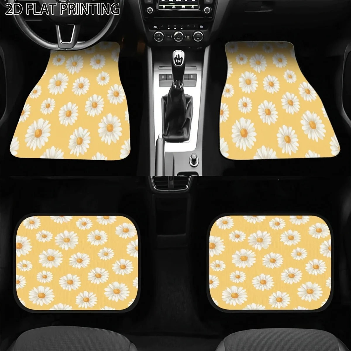 4pcs Car Floor Mats With White Daisy Floral Pattern, All-Season Polyester Interior Accessories For Vehicles, Holiday-Themed Deco