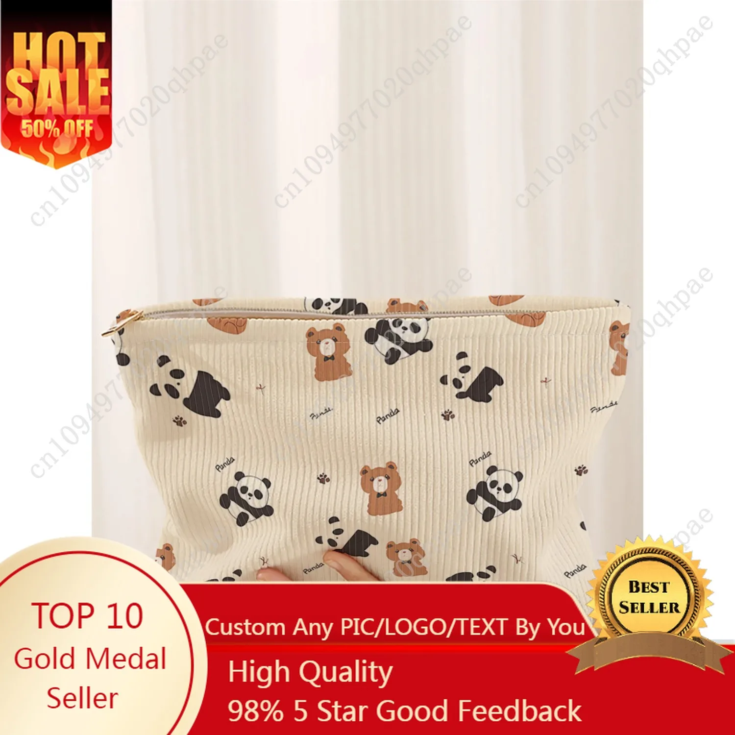 

1 panda patterned corduroy makeup bag, lightweight zipper makeup storage box, multifunctional bag with lining