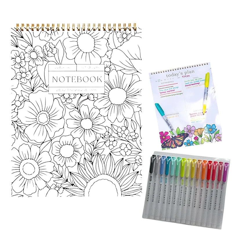 دفتر ملاحظات حلزوني ملون ومخطط يومي مع قلم تحديد 15 لونًا لخطة مكتب الفصول الدراسية وقائمة مرجعية لجدول العمل