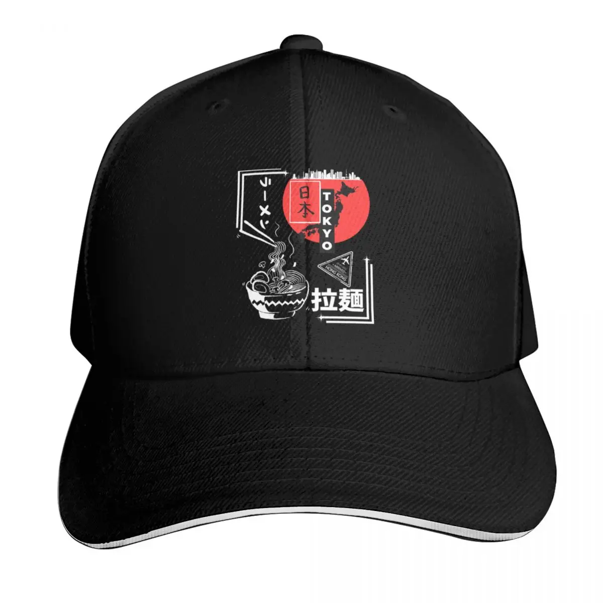 Ramen Japanese Traditional Kanji Baseball Cap Cotton Twill Breathable Contrast Two Tone Brim Snapback Flat Bill