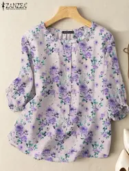 ZANZEA yaz Bohemian bluz kadınlar kısa kollu çiçek baskılı üstleri rahat O boyun çalışma gömlek kadın parti tatil Blusas Mujer