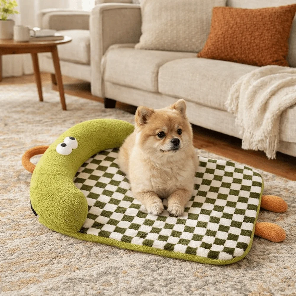 

Cartoon Warm Cat Sleeping Mat Pillow Design Checkered Dog Sofa Bed Non Slip Removable Pet Mattress Indoor