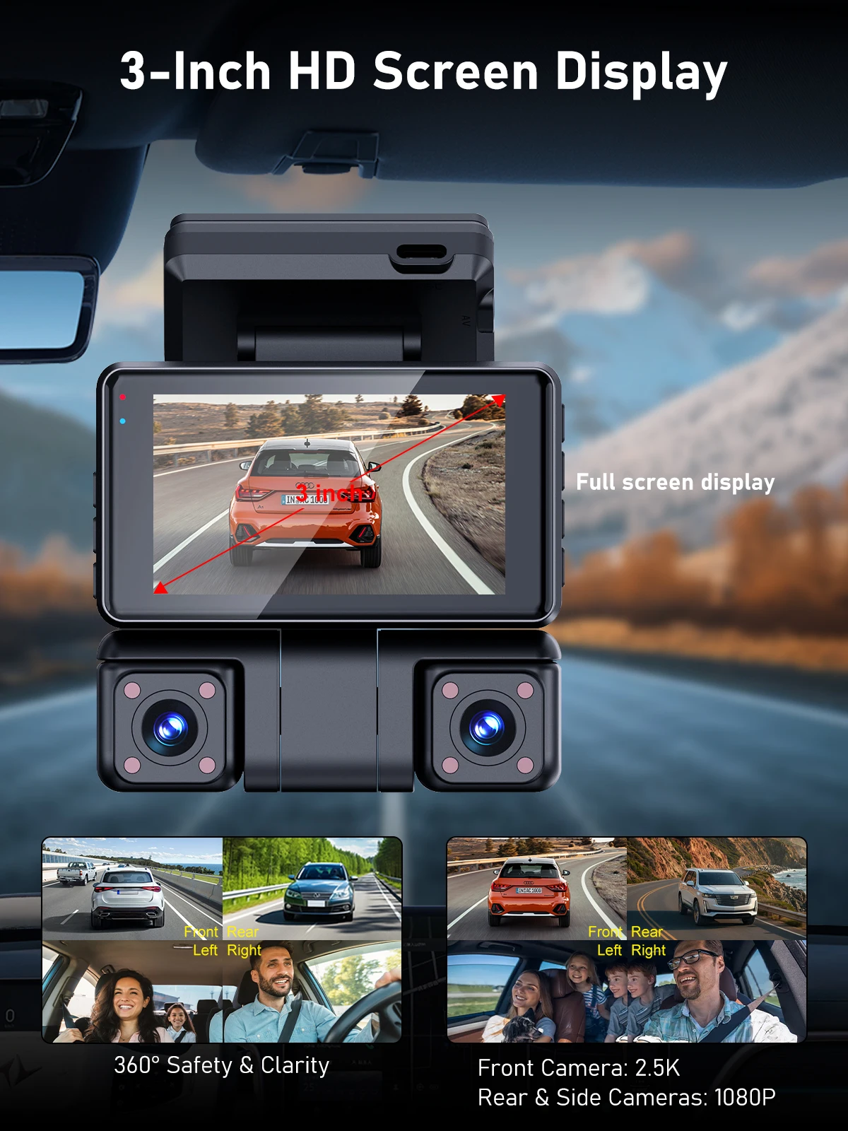 360 Degree 4 Channel Dash Cam 2.5K Front 1080P Rear Inside Left Right 3” IPS Display WiFi GPS Car Camera  Parking Monitor
