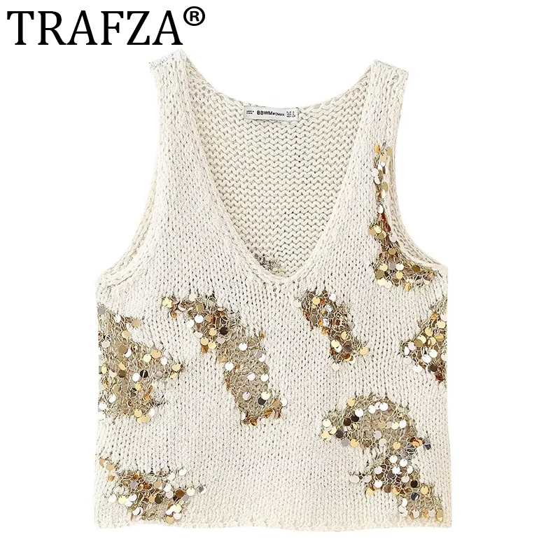 TRAFZA Women\'s Retro Street Vest 2024 Summer Knitted Sequin Patchwork Decorated Women\'s Casual V-Neck Sleeveless Vest Top TRAF