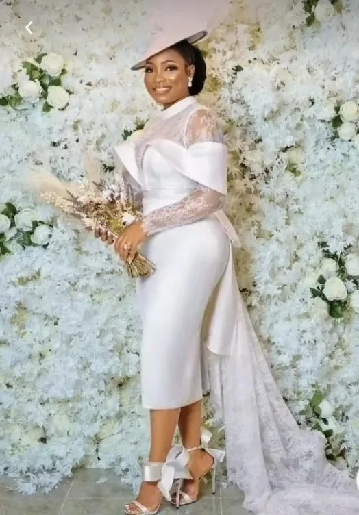 2026 فساتين زفاف بيضاء قصيرة حورية البحر دانتيل كم طويل طول الشاي ساتان كلاسيكي نسائي أفريقي حفلة موسيقية فستان زفاف مخصص #3