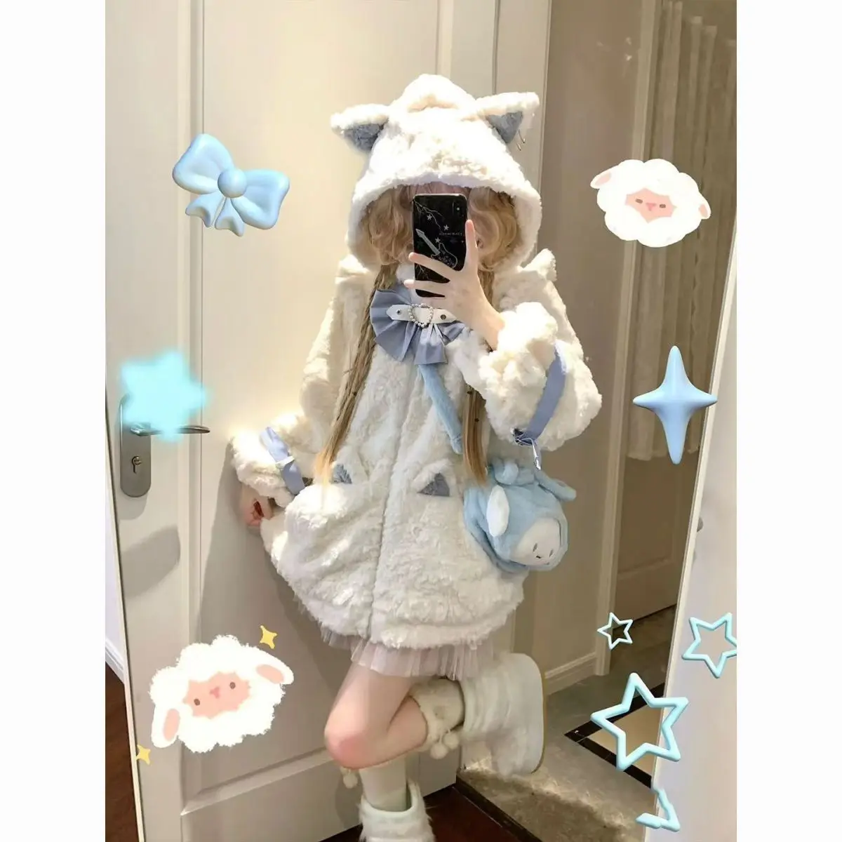 

Japan Cute Bow Lamb Wool Coat Female Winter Fluffy Loose Plus Velvet Thickened Cotton-Padded Jacket