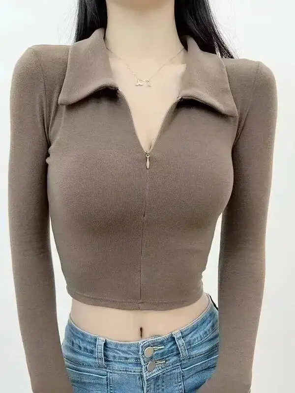 Spicy Girl Style Lapel Half Zipper Cashmere Long Sleeve Pullover 2026 Autumn New Cinching Waist Casual Versatile Top LHQN
