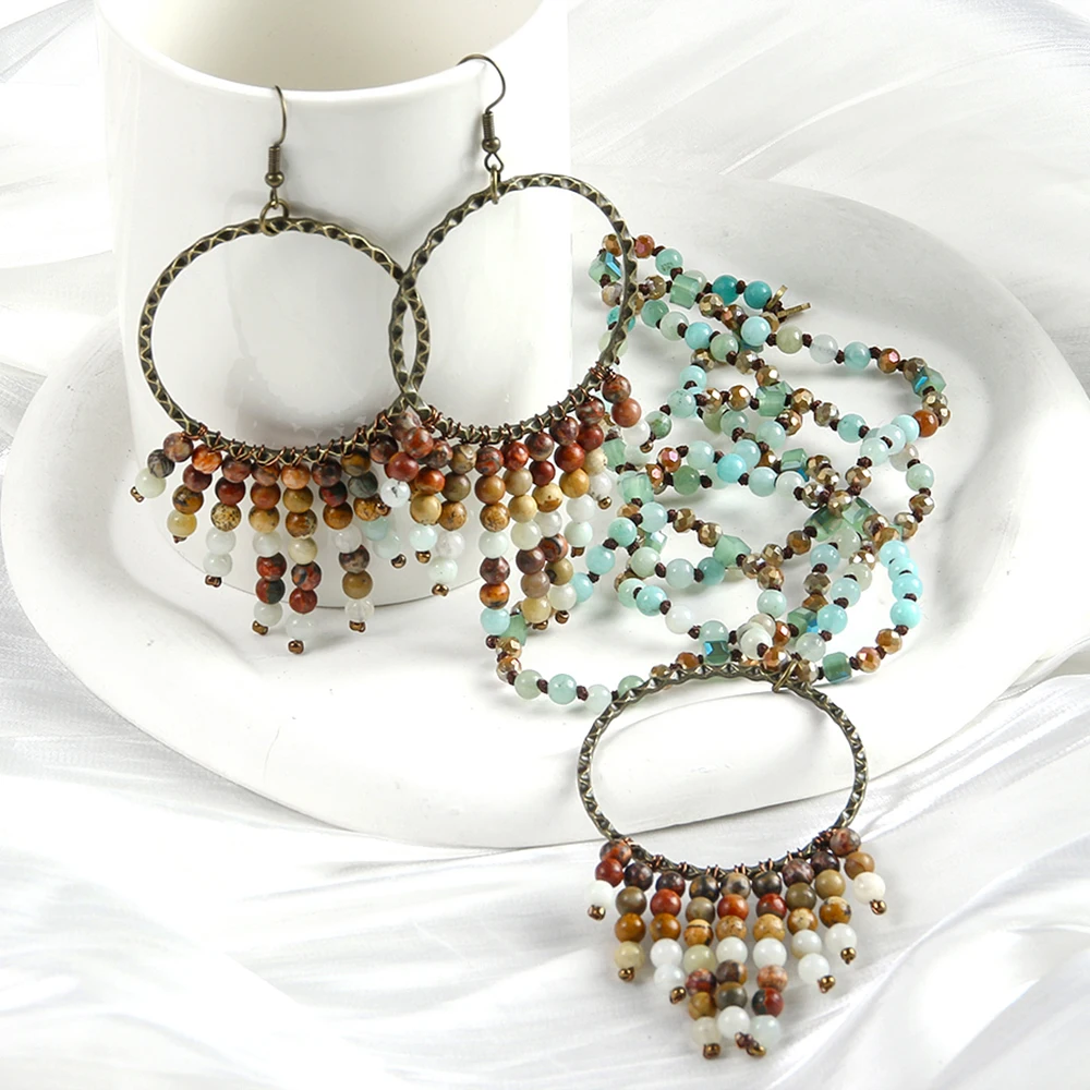 

New Western Vintage Bohemian Women Jewelry 4mm Natural Stone Crystal Glass Necklace Tassel Earrings Handmade Jewelry Set.