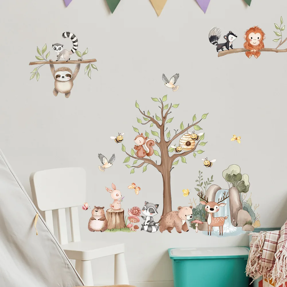 Cartoon Monkey Animal Deer With Tree Wall Sticker For Kindergarten Kids Room Home Diy Cartoon Wall Decal Forest Animal Mural Art