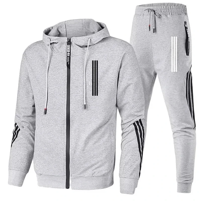 Spring and Autumn fashion men\'s leisure gym fitness jogging comfort sports set travel camping baseball zipper hoodie + pants set