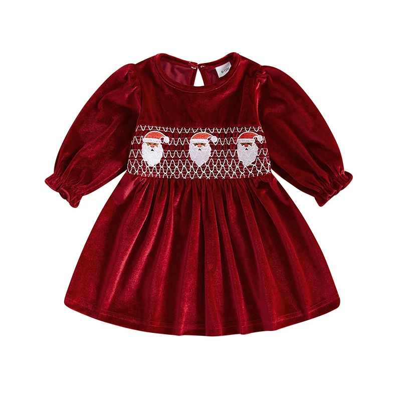 

Toddler Girl Christmas Dress Santa Claus Embroidery Round Neck Long Sleeve A-Line Velvet Dress for Fall Winter