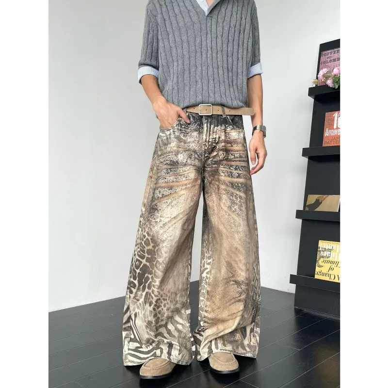 Y2k Leopard Print Baggy Wide Leg Denim Pants for Men American High Street Retro Harajuku Men's Denim Japan Korean Streetwear