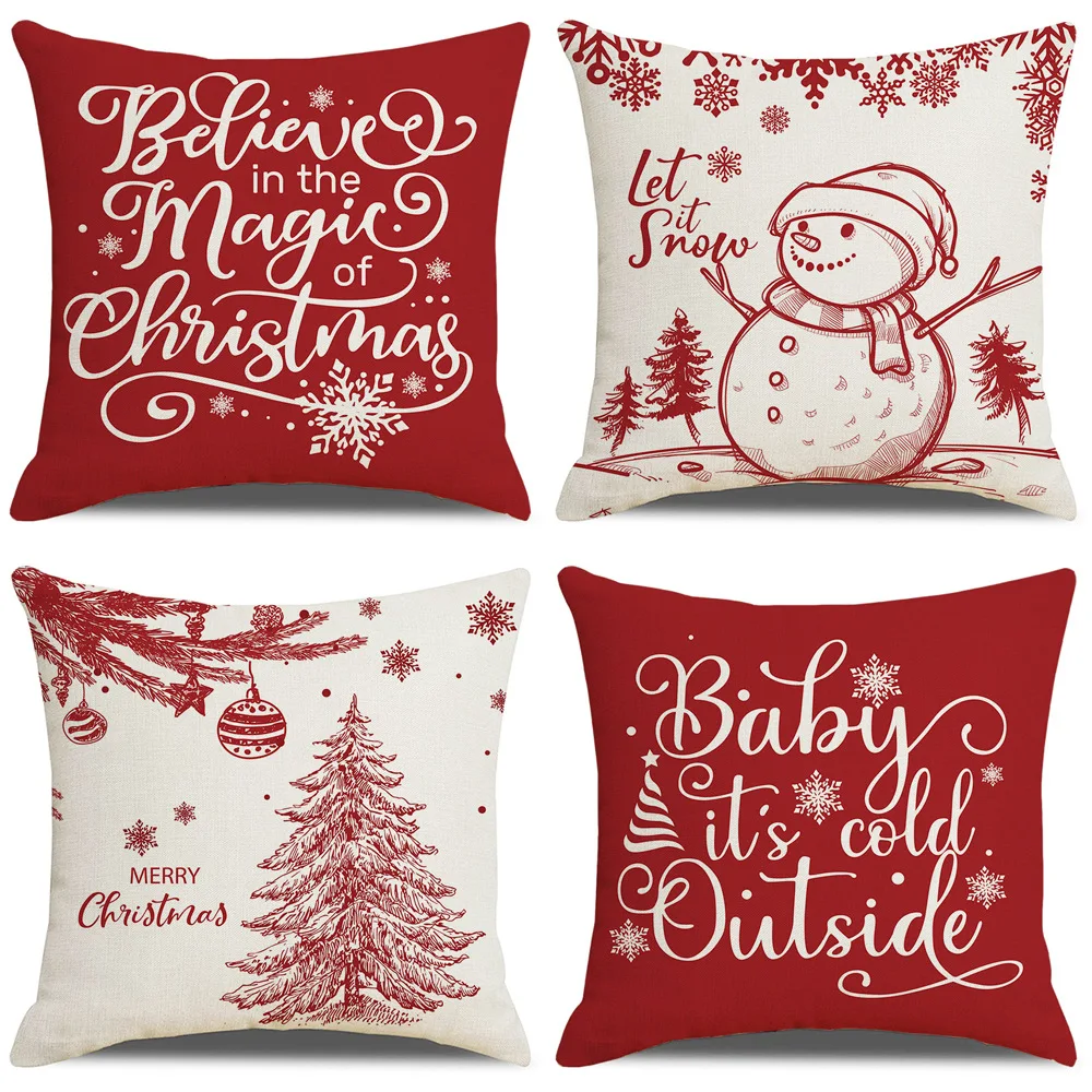 

Christmas Cushion Cover Home Sofa Bedside Pillow Covers Snowman Christmas Tree Printed Pillowcase Square Linen Throw Pillow Case