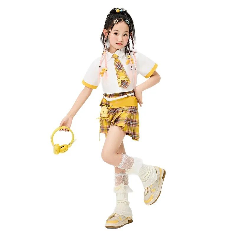 

Hip Hop Kids Crop Top Street Dance Yellow Plaid Skirt Girls Stage Streetwear Children Jazz Costume Girl Group Teens Clothes Sets