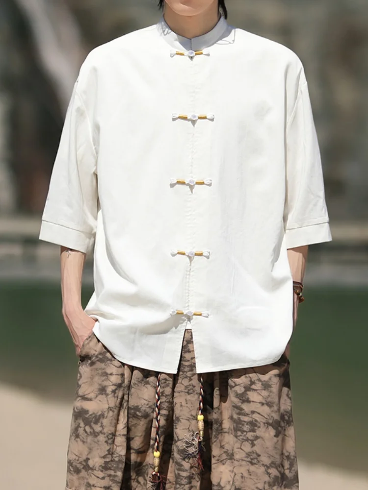 

Loose Fit Men's White irt ort Sve Thin Summer New Chinese Sle Tang Costume Hanfu Tea Costume Five Sve Upper Body