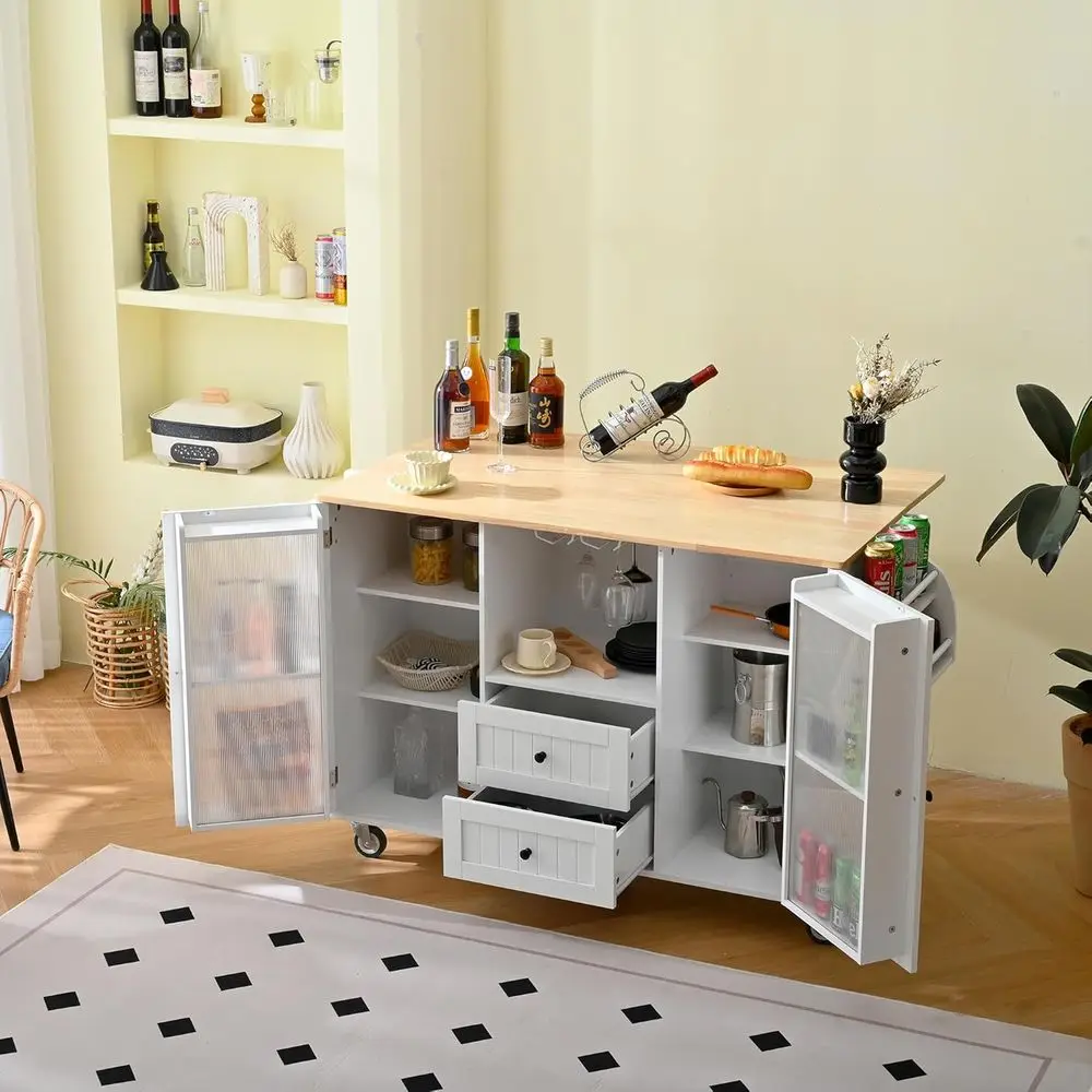 

Белая кухонная тележка на колесиках с выдвижным листом, 2 ящиками, 2 дверцами, полкой для полотенец и специй