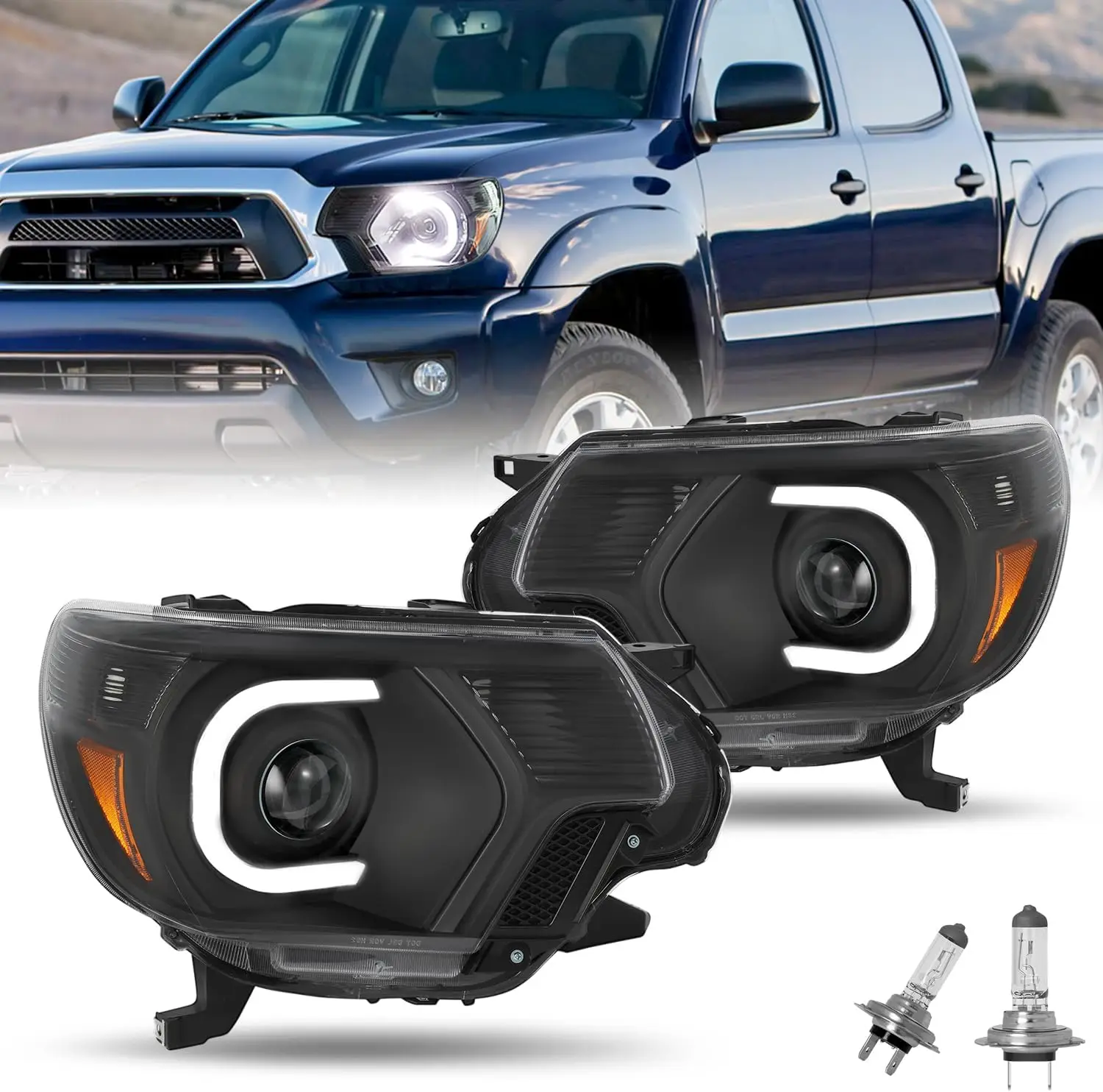 

Фара в сборе, совместимая с Toyota Tacoma 2012-2015 годов со светодиодной подсветкой DRL, обновленная проекторная фара с лампочками, черная