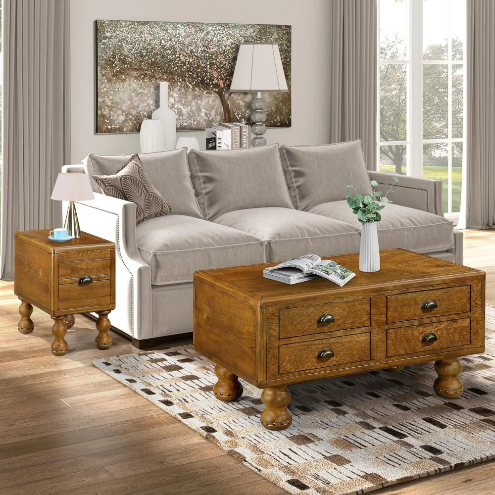 40" Coffee Table, Wooden Coffee Tables for Living Room with 4 Drawers, Rectangular Wood Center Table Tea Table with Rivet Decor