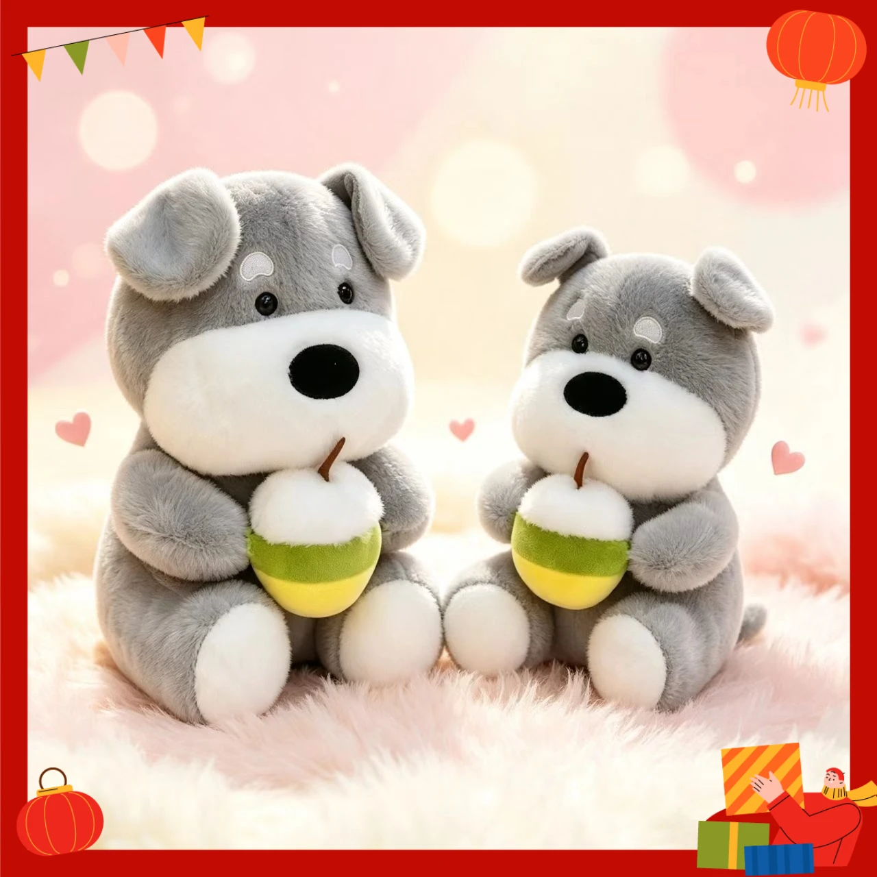  Cute Schnauzer Plush Doll, Soft Stuffed Puppy Toy Holding Milk Tea, Sofa Bed Decor Gift 
