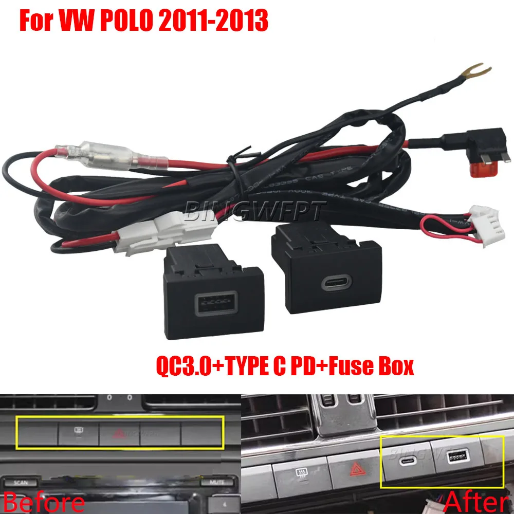 1PC For VW POLO 11-13  Quick Car Charger QC3.0 TYPE C PD USB Interface Socket Auto Phone Fast Charging Adapter Button With Fuse