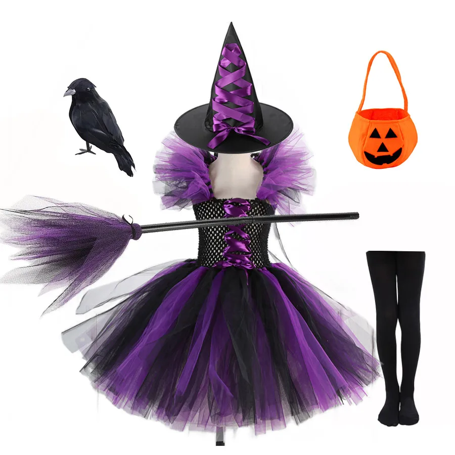 2-delige Heks Tutu Jurk met Hoed Meisjes Allerheiligen Bruja Tovenaarskostuum Rollenspel Peuter Halloween Party Fee Heksenjurk