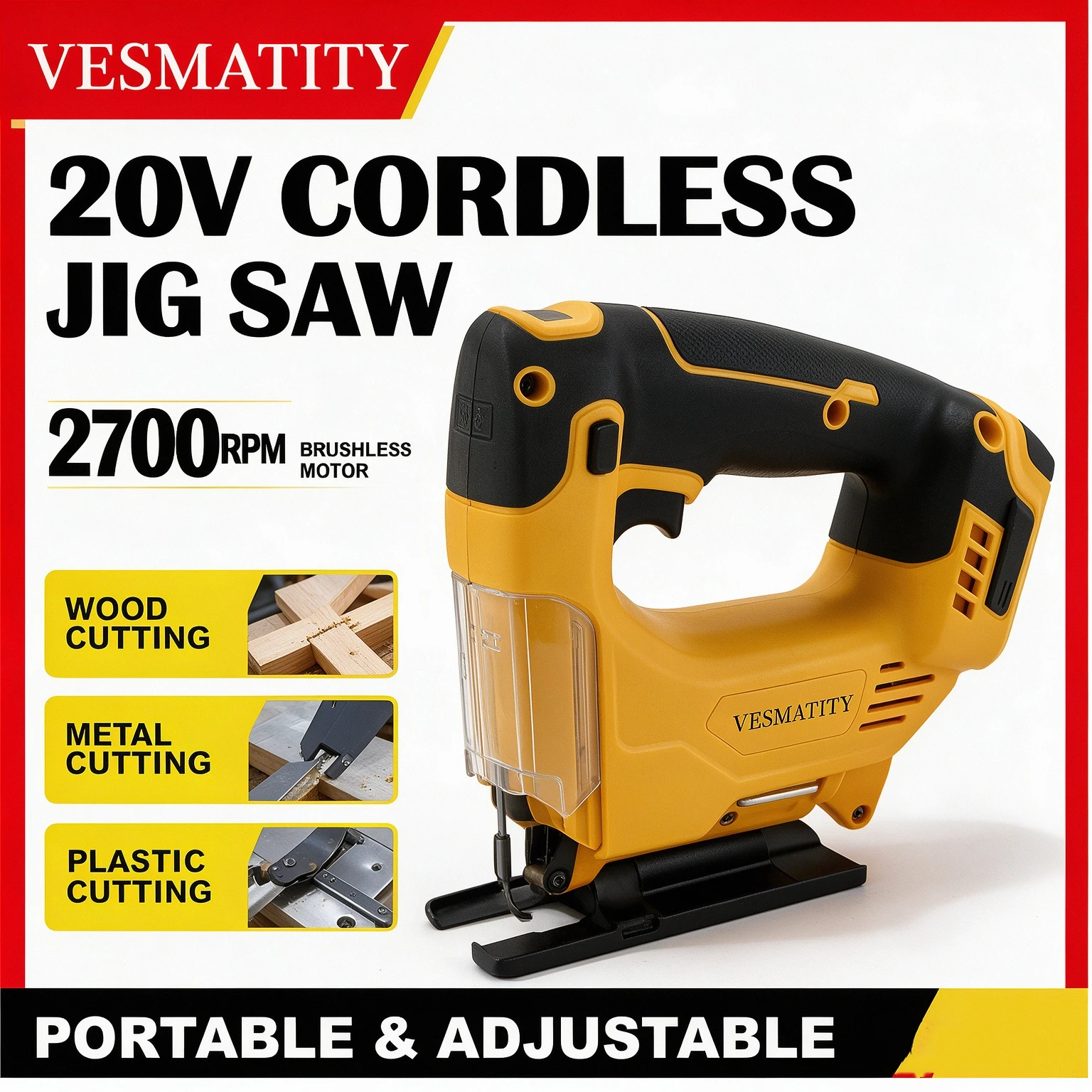2700RPM Cordless Brushless Electric Jigsaw 20V Rechargeable Curve Saw Portable Multifunction Wood Cutting Power Tool Woodworking