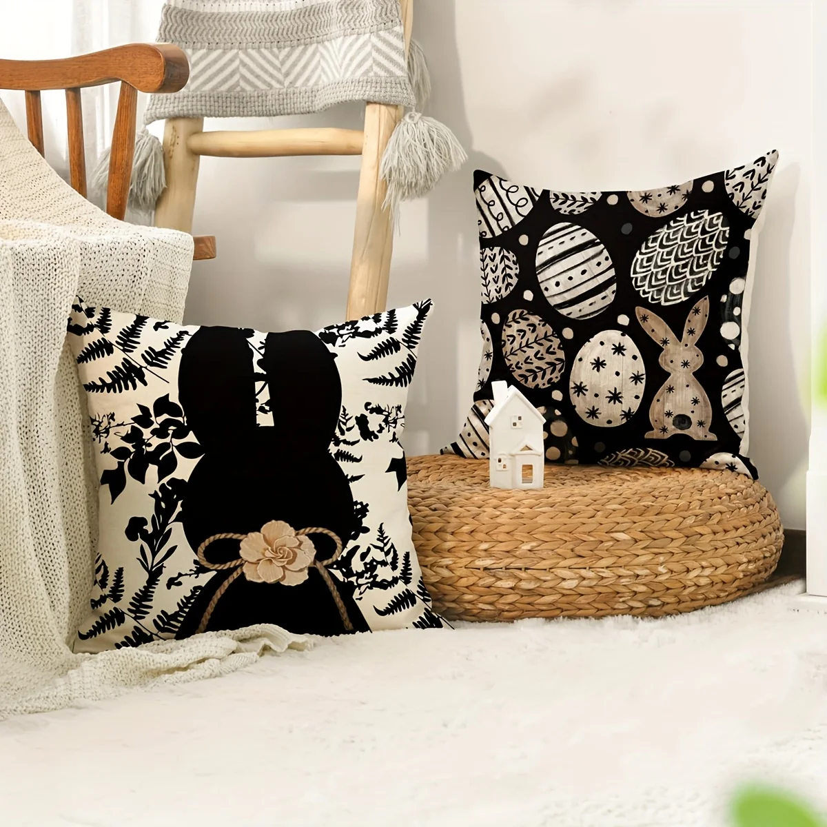 VIKAMA Easter Bunny Pillow Covers - Black/White Check Floral 