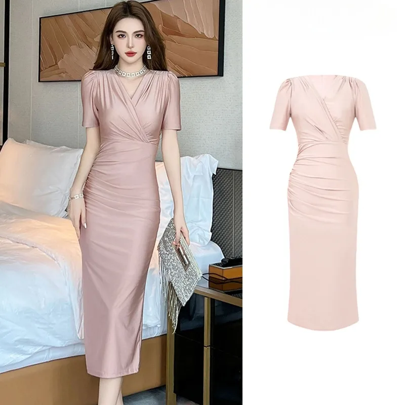 

Женские розовые простые элегантные повседневные платья с v-образным вырезом и короткими рукавами