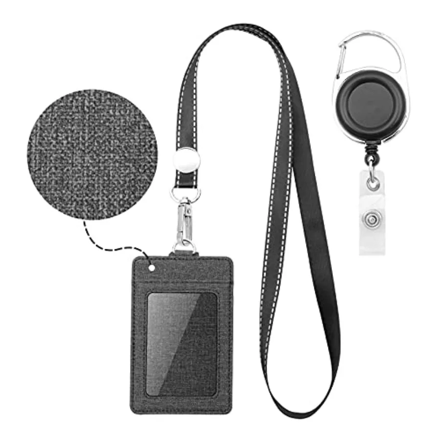 

Badge Holder - Leather ID Card Holder Wallet Case with 3 Cards Slot and Neck Lanyard/Strap. Additional Retractable Badge Reel w