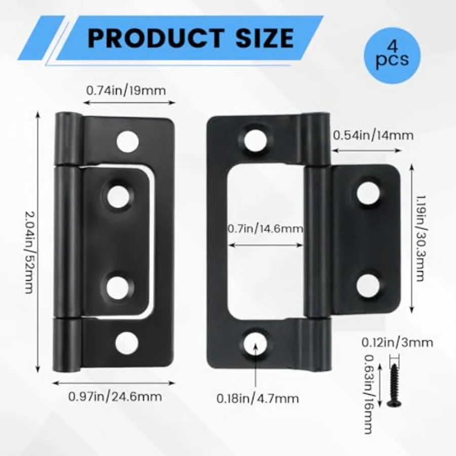 4-Pack Non-Mortise Door Hinges Bifold Butt Cabinet Hinges with Screws for Furniture Windows Cupboard etc. - 2 x 0.9 Inch