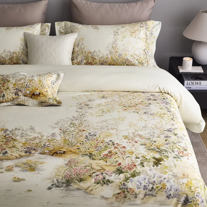 High-end French romantic flower printing jacquard long-staple cotton four-piece set, silky smooth and skin-friendly, sleeping