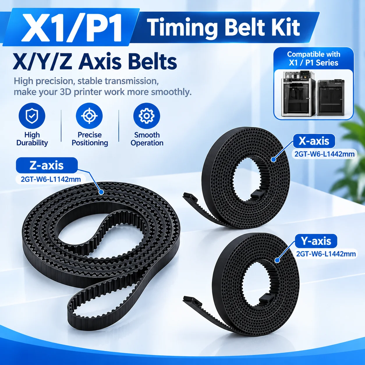 X1/P1 X Y Z Axis Belts Kit 2GT-W6 Synchronous Timing Belt X/Y 1442mm Z Axis 1142mm One-Piece Molding Process Anti-Slip & Durable