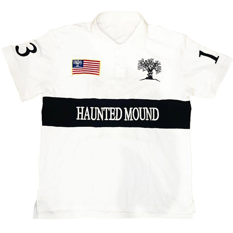 Y2K เสื้อโปโลพิมพ์ลายวินเทจฮิปฮอปลำลองกีฬาเสื้อยืดโอเวอร์ไซส์แขนสั้นเย็บตัดกันใหม่คู่ TEE