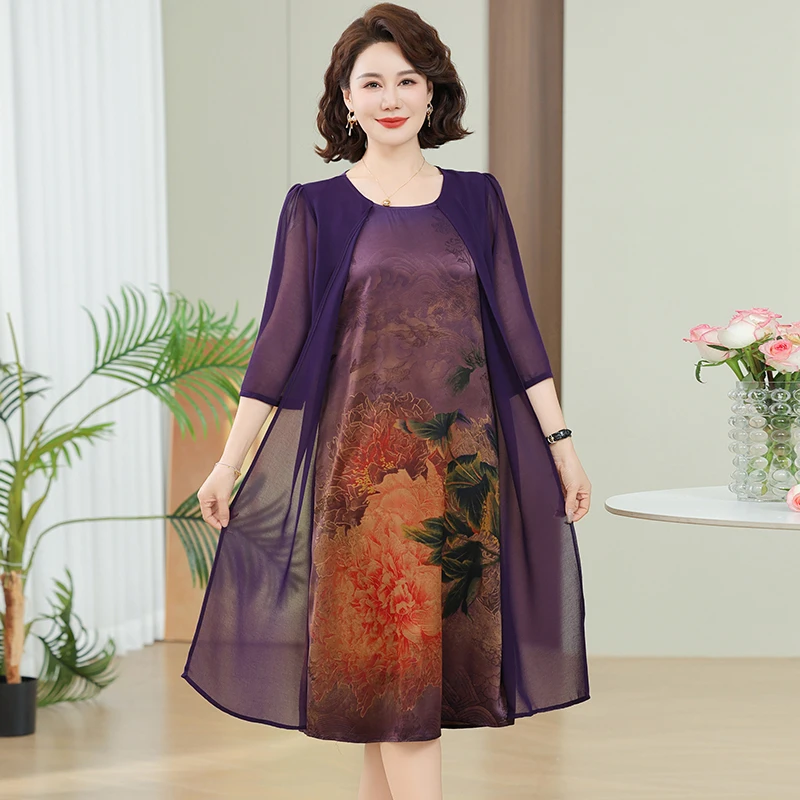 エレガントな夏の女性のクルーネックプリントスプライシングシフォンスリム半袖シフォンフェイクツーピースミッドレングスドレス