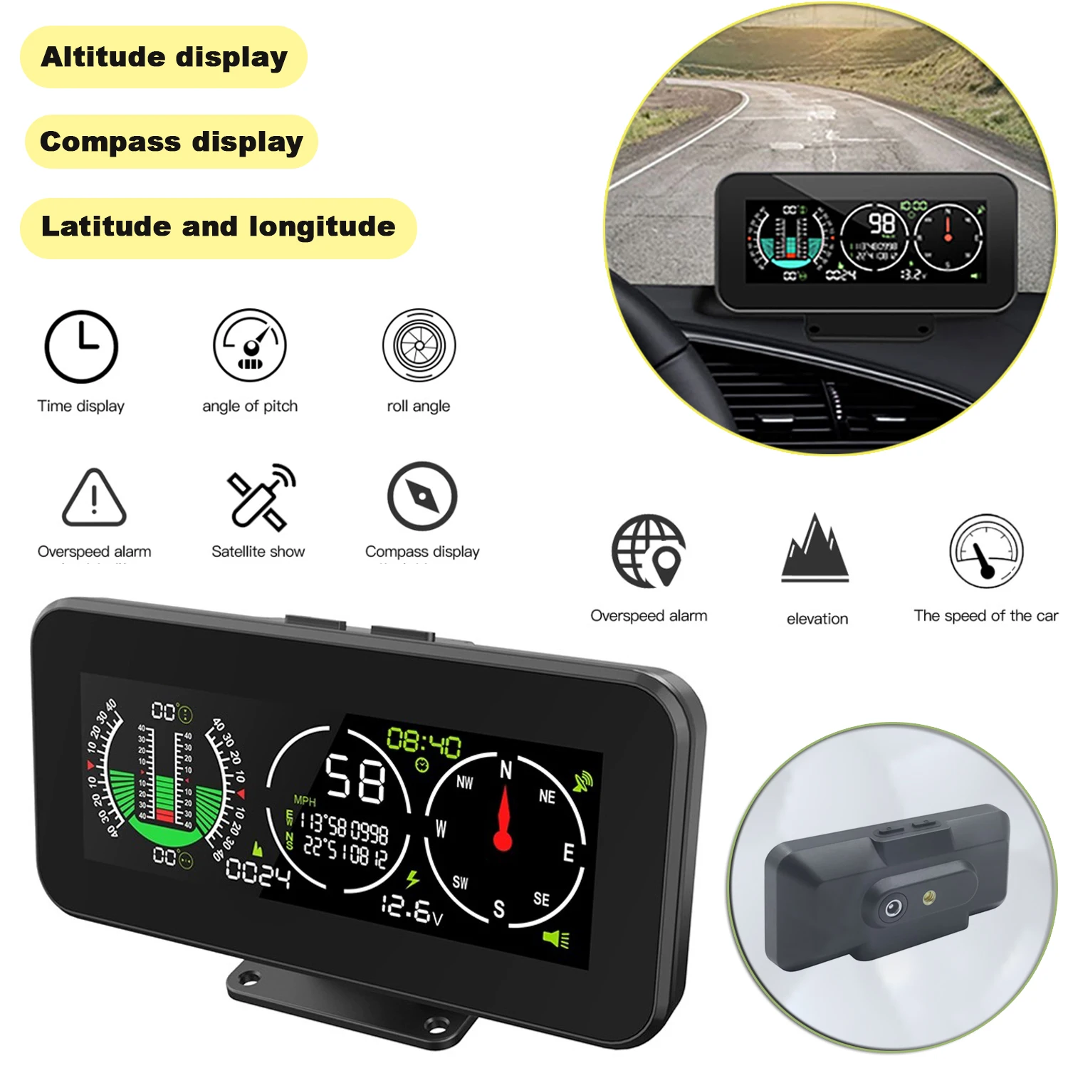 Car Digital Display Head Up Display Automotive Smart Slope Meter Compass Tilt Roll Pitch Angle Inclinometer  For Universal Car