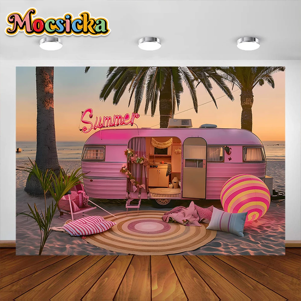 Verão ao ar livre fotografia fundo, rosa princesa carro, Dream House Backdrop, retrato de praia tropical, Kids Photo Studio