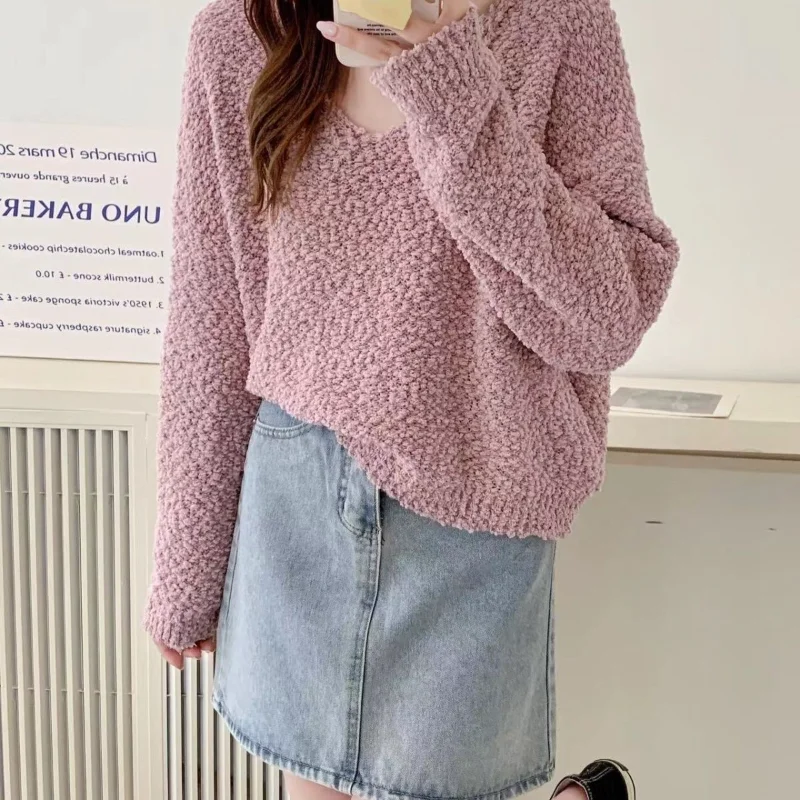 

Осенний новый универсальный простой свободный однотонный пуловер с v-образным вырезом, вязаный свитер с длинными рукавами, женский элегантный модный топ