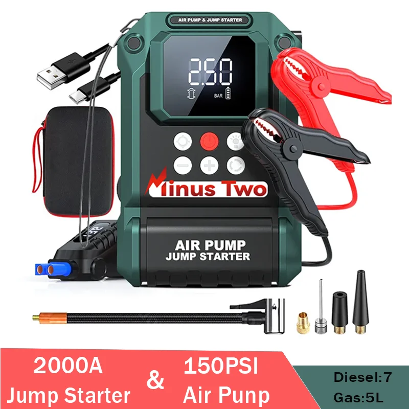 2000A Car Jump Starter Power Bank Portable 150PSI Air Pump Car Battery Emergency Boosters Starting Device Car Starter 21800mAh