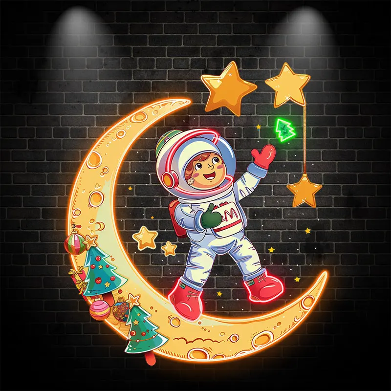 Astronauts on a golden Christmas-decorated moon: happy stargazing holiday miracle neon signs