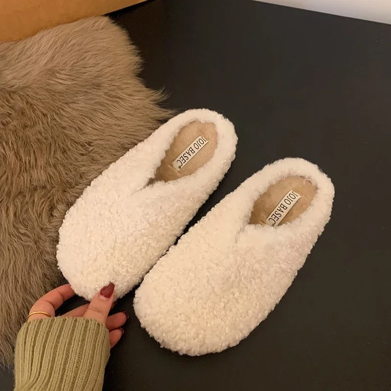 Winter Warm Bont Vrouwen Muilezels Slippers Casual Cover Teen Dames Comfort Zachte Zool Flats Huis Katoenen Schoenen