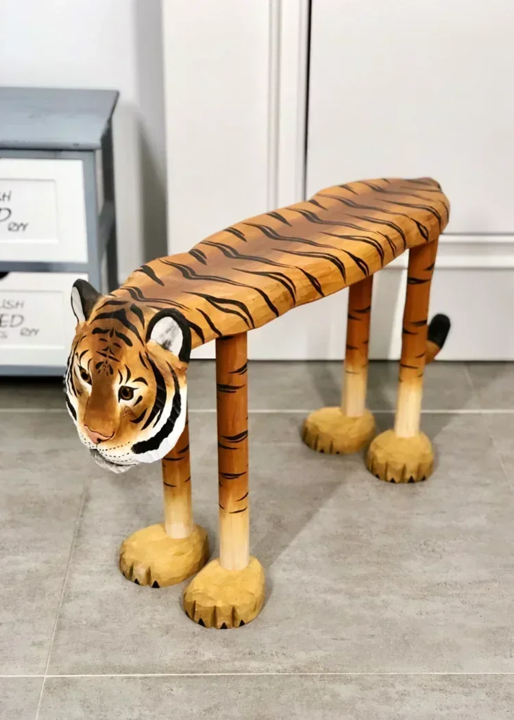 Shoe changing stool household door solid wood hand-carved creative tiger head porch shoe stool low stool town house ornament