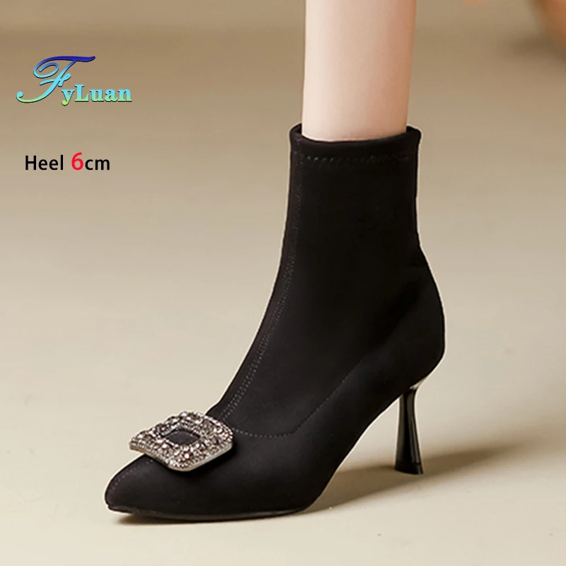 

Женские ботильоны с украшением из стразов, элегантные зимние ботинки на остроконечной шпильке 6 см, 8 см, замшевая женская обувь, короткие ботильоны